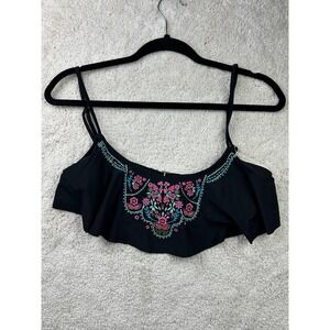 Boho Embroidered Bikini Swim Top Womens Medium Floral Fringe‎ Festival Beachwear